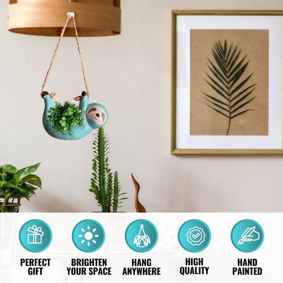 Ceramic Sloth Air-Plant Holder • Blue Sloth Planter • Cute Succulent Pot • Decor - Picture 2 of 6